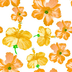 Golden Hibiscus Painting. Gold Seamless Textile. Orange Flower Plant. Yellow Watercolor Wallpaper. White Pattern Background. Golden Tropical Print. Summer Set.
