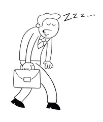 Cartoon businessman going to work and sleeping while walking, vector illustration