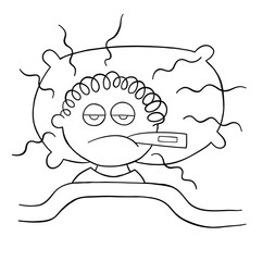 Cartoon man is lying down and has a fever, vector illustration