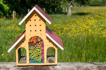 Bug hotel made to provide shelter for insects on a yellow wildflowers field background. Insect house