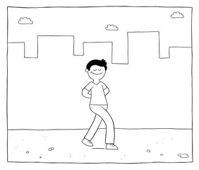 Cartoon man walks alone on the empty street and is happy, vector illustration