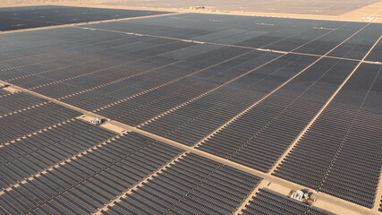 AERIAL. Top view of huge solar energy plant in the desert.