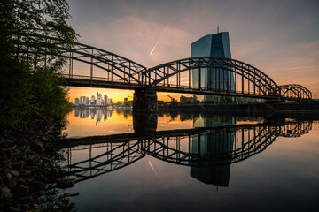 Sunset in Frankfurt am Main. Skyline wedged under a steel bridge. Right on the banks of the river Main and at the ECB in Frankfurt
