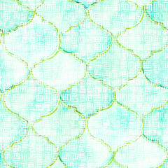Quatrefoil Seamless Pattern. Green and Teal Arabic Damask Print. Rhombus Majolica Background. Barbed Watercolour Trellis. Geometric Morrocan Tile. Lattice Marrakesh Watercolor Design.