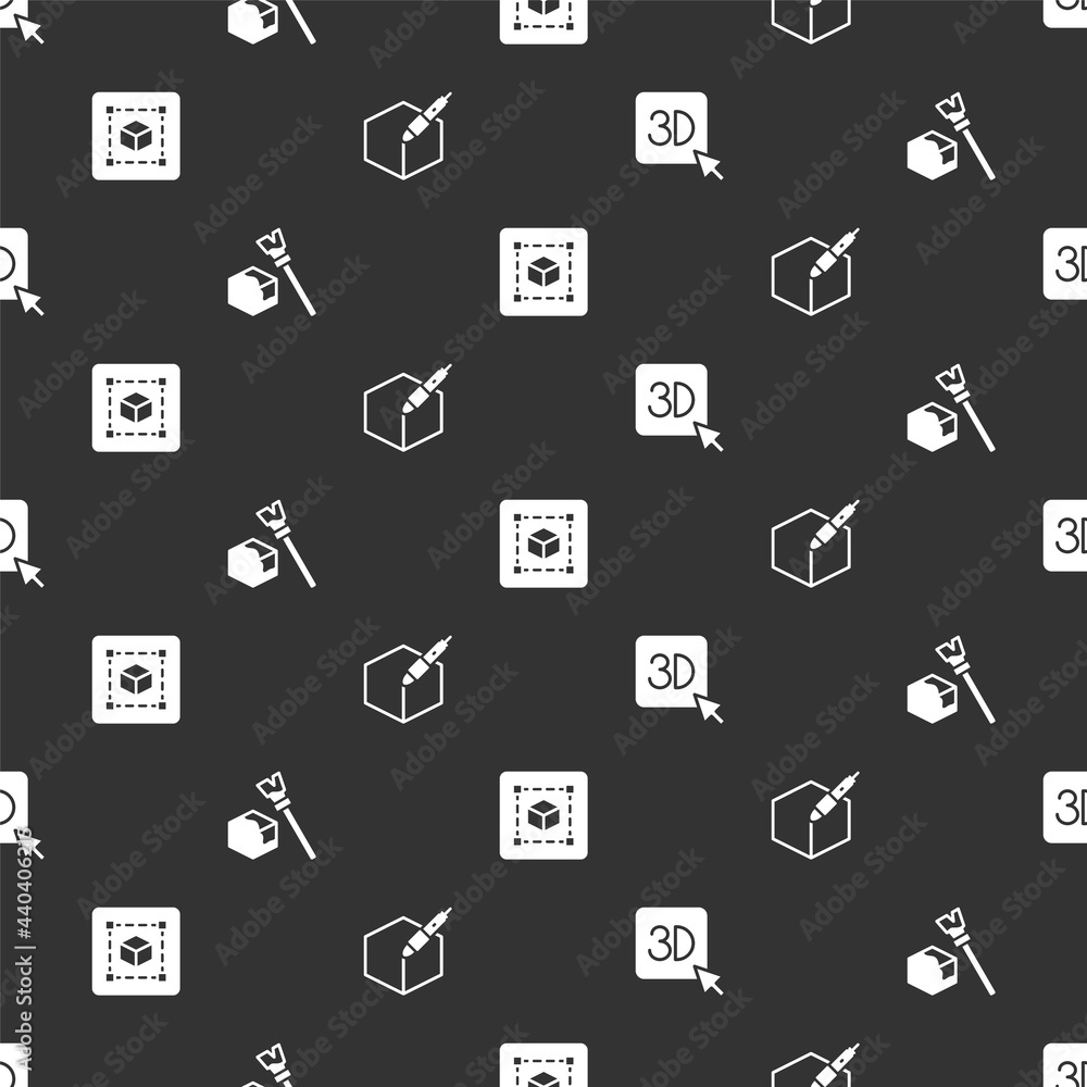 Poster set 3d printer, isometric cube, geometric figure cube and 3d pen tool on seamless pattern. vector