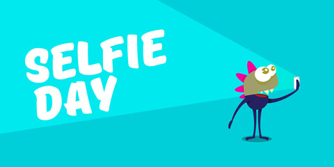 Selfie day horizontal banner with cartoon funny monster taking a selfie isolated on blue background. Selfi day cartoon comic concept poster design tempate