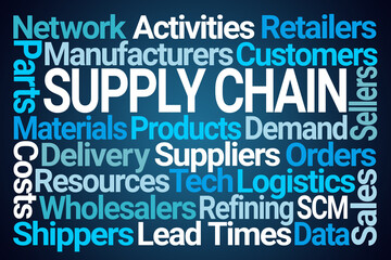 Supply Chain Word Cloud on Blue Background