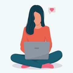 a freelancer is sitting at a laptop. A young girl sits in a lotus position on a white background. Vector illustration in flat styles