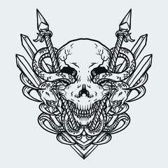 tattoo and t shirt design black and white hand drawn skull snake and spear
