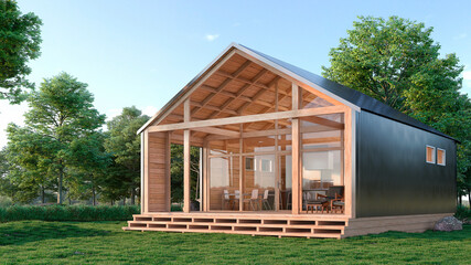 Exterior of modern living modular house. 3d illustration