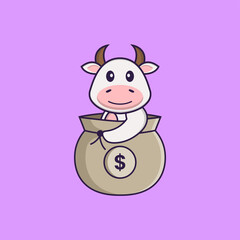 Cute cow in a money bag. Animal cartoon concept isolated. Can used for t-shirt, greeting card, invitation card or mascot. Flat Cartoon Style