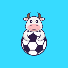 Cute cow playing soccer. Animal cartoon concept isolated. Can used for t-shirt, greeting card, invitation card or mascot. Flat Cartoon Style