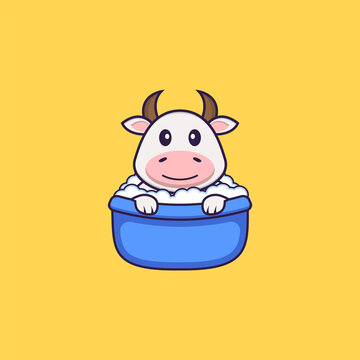 Cute cow taking a bath in the bathtub. Animal cartoon concept isolated. Can used for t-shirt, greeting card, invitation card or mascot. Flat Cartoon Style