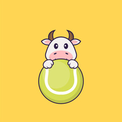 Cute cow playing tennis. Animal cartoon concept isolated. Can used for t-shirt, greeting card, invitation card or mascot. Flat Cartoon Style