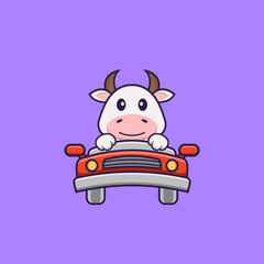 Cute cow is driving. Animal cartoon concept isolated. Can used for t-shirt, greeting card, invitation card or mascot. Flat Cartoon Style