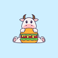 Cute cow eating burger. Animal cartoon concept isolated. Can used for t-shirt, greeting card, invitation card or mascot. Flat Cartoon Style