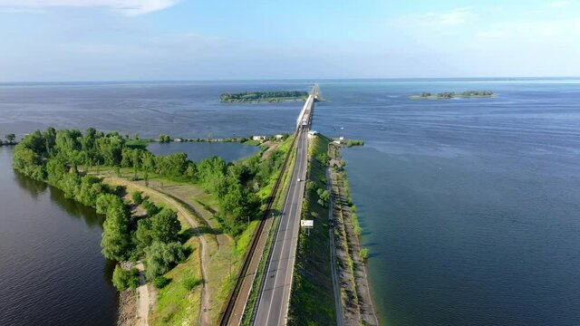 Aerial view of The bridge over the Dniper river, Cherkasy. Ukraine