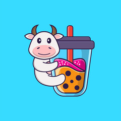 Cute cow Drinking Boba milk tea. Animal cartoon concept isolated. Can used for t-shirt, greeting card, invitation card or mascot. Flat Cartoon Style