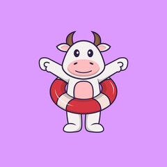 Cute cow using a float. Animal cartoon concept isolated. Can used for t-shirt, greeting card, invitation card or mascot. Flat Cartoon Style