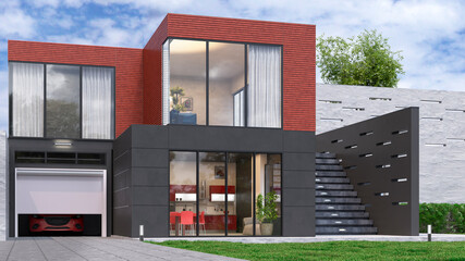 Exterior of modern living house. 3d illustration