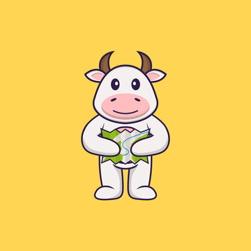 Cute cow holding a map. Animal cartoon concept isolated. Can used for t-shirt, greeting card, invitation card or mascot. Flat Cartoon Style