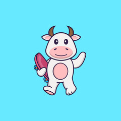 Cute cow holding a skateboard. Animal cartoon concept isolated. Can used for t-shirt, greeting card, invitation card or mascot. Flat Cartoon Style