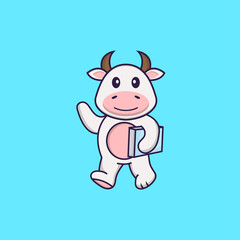 Cute cow holding a book. Animal cartoon concept isolated. Can used for t-shirt, greeting card, invitation card or mascot. Flat Cartoon Style