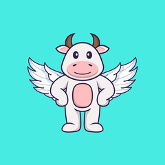 Cute cow using wings. Animal cartoon concept isolated. Can used for t-shirt, greeting card, invitation card or mascot. Flat Cartoon Style