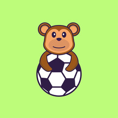 Fototapeta premium Cute monkey playing soccer. Animal cartoon concept isolated. Can used for t-shirt, greeting card, invitation card or mascot. Flat Cartoon Style