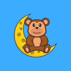Cute monkey is sitting on the moon. Animal cartoon concept isolated. Can used for t-shirt, greeting card, invitation card or mascot. Flat Cartoon Style