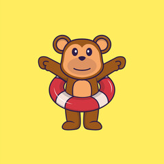 Cute monkey using a float. Animal cartoon concept isolated. Can used for t-shirt, greeting card, invitation card or mascot. Flat Cartoon Style
