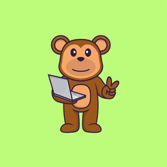 Cute monkey holding laptop. Animal cartoon concept isolated. Can used for t-shirt, greeting card, invitation card or mascot. Flat Cartoon Style