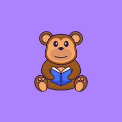 Cute monkey reading a book. Animal cartoon concept isolated. Can used for t-shirt, greeting card, invitation card or mascot. Flat Cartoon Style