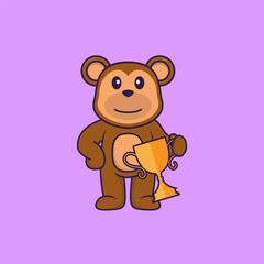 Cute monkey holding gold trophy. Animal cartoon concept isolated. Can used for t-shirt, greeting card, invitation card or mascot. Flat Cartoon Style