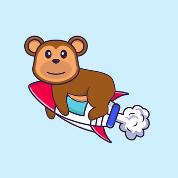 Cute monkey flying on rocket. Animal cartoon concept isolated. Can used for t-shirt, greeting card, invitation card or mascot. Flat Cartoon Style