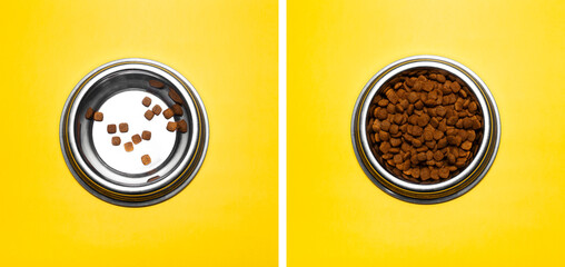 Photo collage of two round steel bowls with dry food for cats, one is full and other its empty, on...