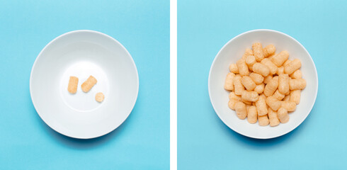 Photo collage, top view of corn puffs in white bowl, one is full and other its empty, on blue background. - obrazy, fototapety, plakaty