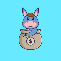 Cute llama in a money bag. Animal cartoon concept isolated. Can used for t-shirt, greeting card, invitation card or mascot. Flat Cartoon Style