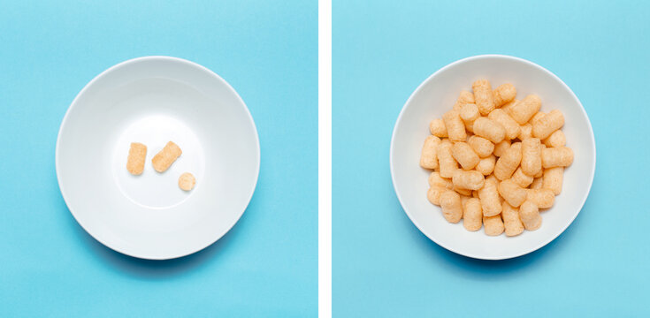 Photo collage, top view of corn puffs in white bowl, one is full and other its empty, on blue background.