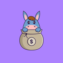Cute llama playing in money bag. Animal cartoon concept isolated. Can used for t-shirt, greeting card, invitation card or mascot. Flat Cartoon Style
