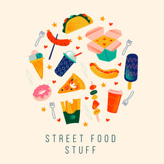 a set of vector illustrations of fast street food. Hot dog, ice cream, coffee, cold drink, barbecue, such, donut, pizza, French fries, wok, hot dog, sausage on a skewer