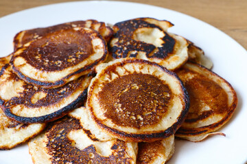 A plate of freshly baked homemade pancakes for breakfast.