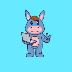 Cute llama holding laptop. Animal cartoon concept isolated. Can used for t-shirt, greeting card, invitation card or mascot. Flat Cartoon Style