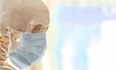Human skull in simple thin medical mask for protection against viral infection