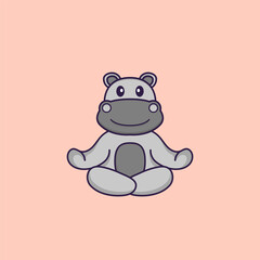 Cute hippopotamus is meditating or doing yoga. Animal cartoon concept isolated. Can used for t-shirt, greeting card, invitation card or mascot. Flat Cartoon Style