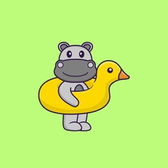Cute hippopotamus With Duck buoy. Animal cartoon concept isolated. Can used for t-shirt, greeting card, invitation card or mascot. Flat Cartoon Style