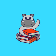 Cute hippopotamus reading a book. Animal cartoon concept isolated. Can used for t-shirt, greeting card, invitation card or mascot. flat cartoon style