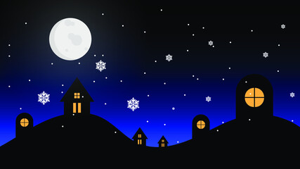 Landscape with snow-filled areas.abstract pastel paper cut illustration of winter landscape with cloud.Happy New Year and Merry Christmas background.Vintage town at night.Bright moon and shooting star