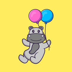 Cute hippopotamus flying with two balloons. Animal cartoon concept isolated. Can used for t-shirt, greeting card, invitation card or mascot. Flat Cartoon Style
