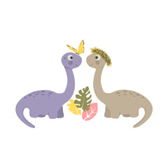 Pair of two cute dinosaurs, with butterfly and leaves, vector illustration in flat cartoon style.